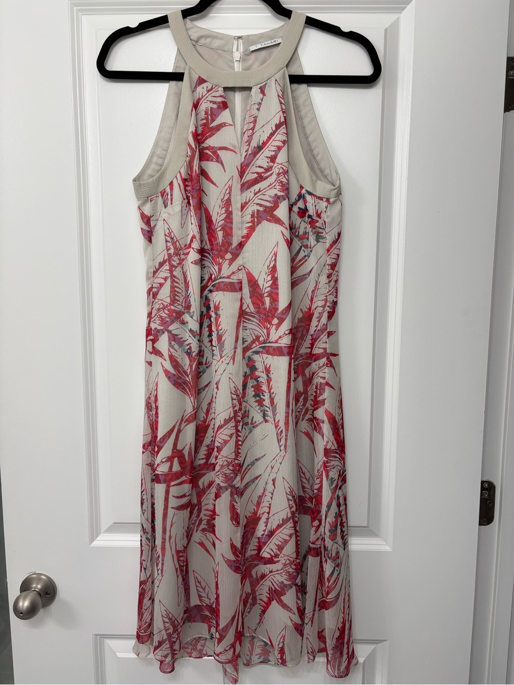 T Tahari Cream Midi Dress with Red Botanical Print